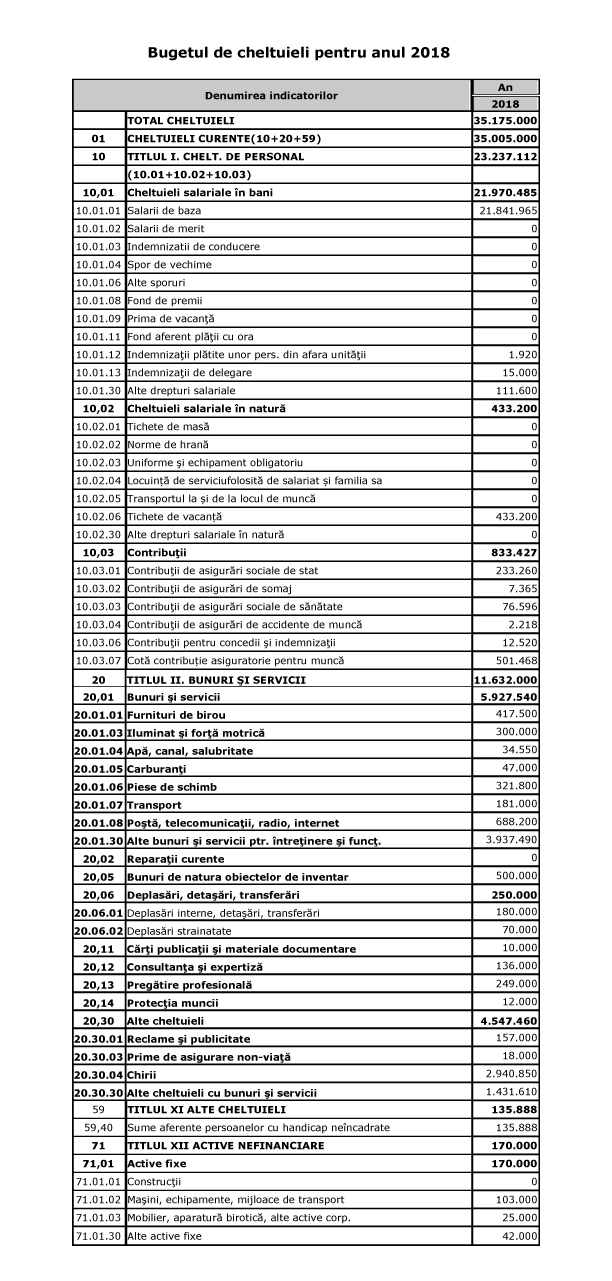 Bugetul de cheltuieli pentru anul 2018